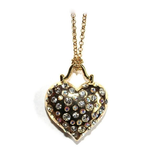 32" Long Beautiful Gold Aurora Borealis Crystal Heart Love Necklace - Picture 1 of 4